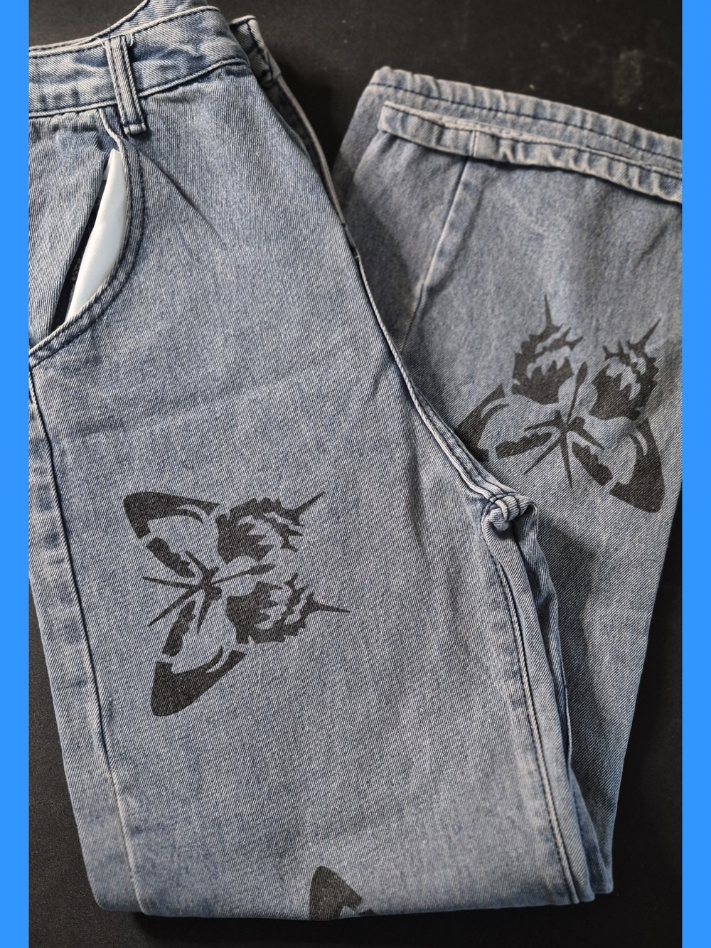 Y2K Style High Waisted Baggy Wide Leg Jeans w/ Stenciled Butterfly Print